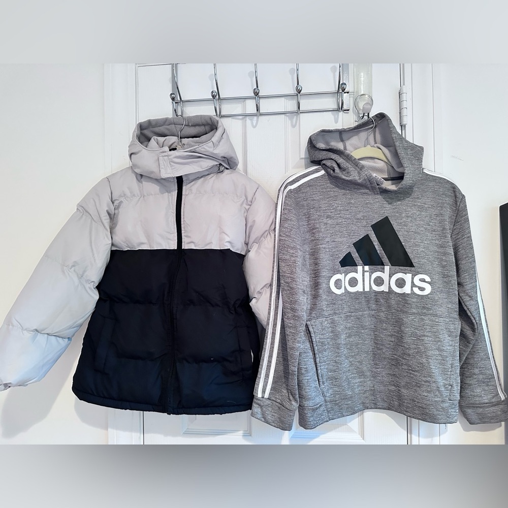 Lot Of 2 Boys Items Winter Hooded Grey Coat And Adidas Hoodie Size 12